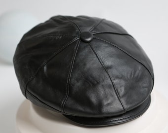 BLACK Leather 8 Panel Newsboy Cap, Peaky Blinders Cap, Leather Newsboy Cap, Baker Boy Leather Hat, Irish Flat Cap, Men Winter Hat