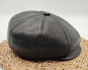 BLACK Leather 8 Panel Newsboy Cap, Peaky Blinders Cap, Leather Newsboy Cap, Baker Boy Leather Hat, Irish Flat Cap, Men Winter Hat