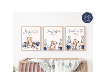 Cute bear floral nursery prints - set of 3 nursery prints - nursery art - nursery decor - gift for baby girl - digital downloads - cute art