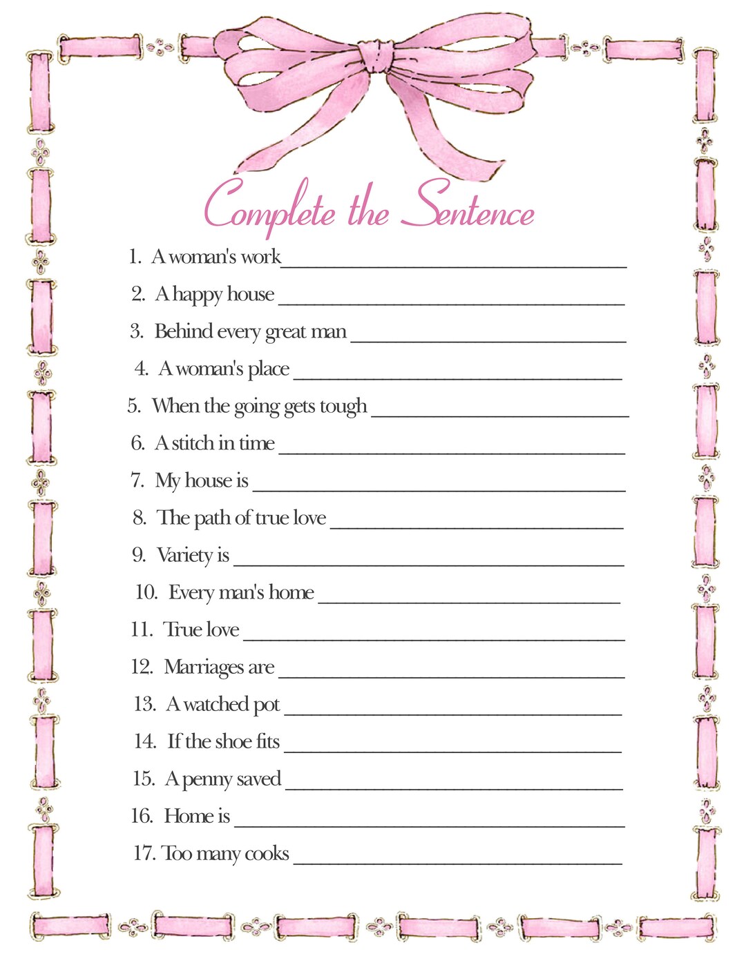 Bridal Shower Game Complete the Sentence Etsy