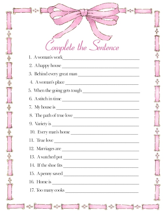 Bridal Shower Game Complete the Sentence Etsy