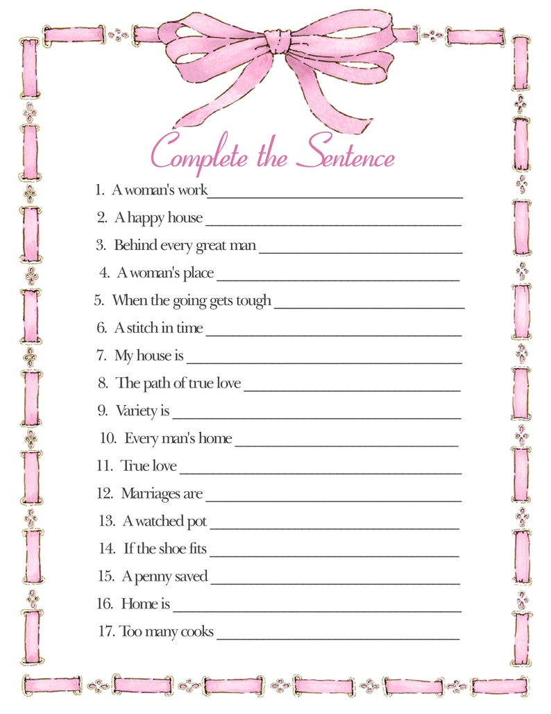 Bridal Shower Game Complete the Sentence Etsy