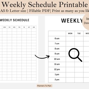 May include: Printable weekly schedule template in A4, A5, and Letter sizes. The design features a grid layout with time slots from 6 am to 11 pm, and days of the week across the top. The text "Weekly Schedule" is prominently displayed.