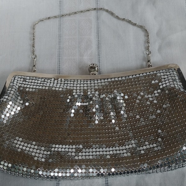 Vintage silver chain link mesh purse, disco clutch purse, fancy evening bag