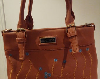 Vintage Jimmy Choo brown purse with blue embroidered flowers and 2 shoulder strap lengths,fancy purse