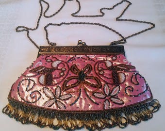 Vintage pink beaded evening bag with adjustable length straps, floral design purse, fancy clutch, unique gift idea