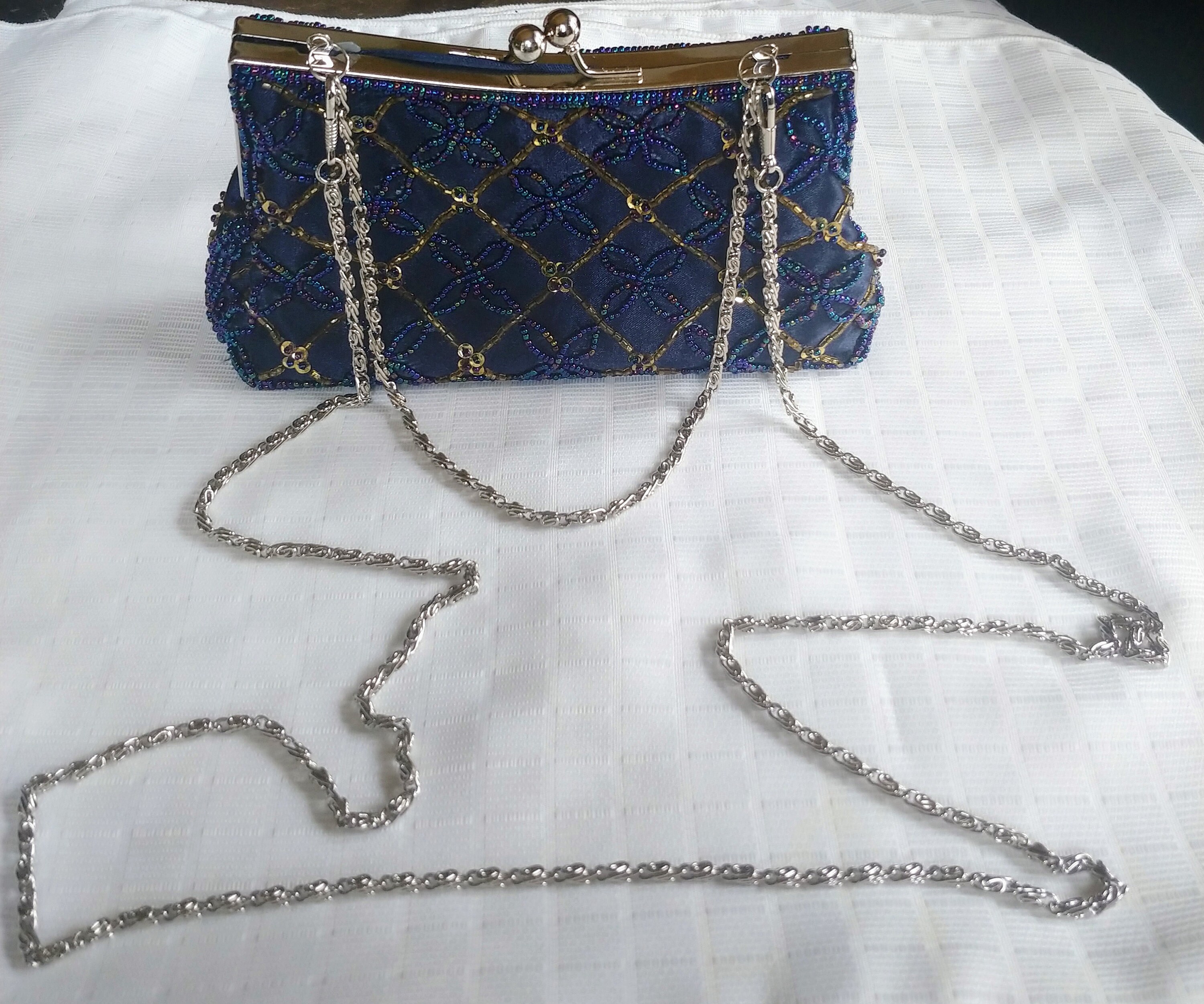 Vintage Navy Blue Beaded Evening Bag With Clutch and Multiple 