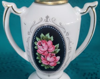 Lámpara de aceite vintage de porcelana en miniatura: diseño floral, doble asa