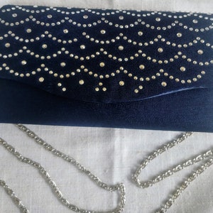 Vintage Navy Blue Diamante Evening Bag: Clutch Purse with Chain
