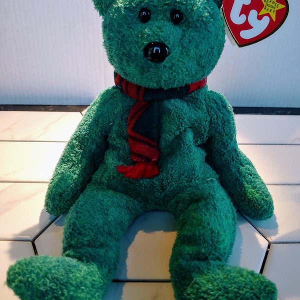 TY Beanie Baby Wallace, Smaragdgrüner Stoffbär mit rotem Schal, Sammlerstück