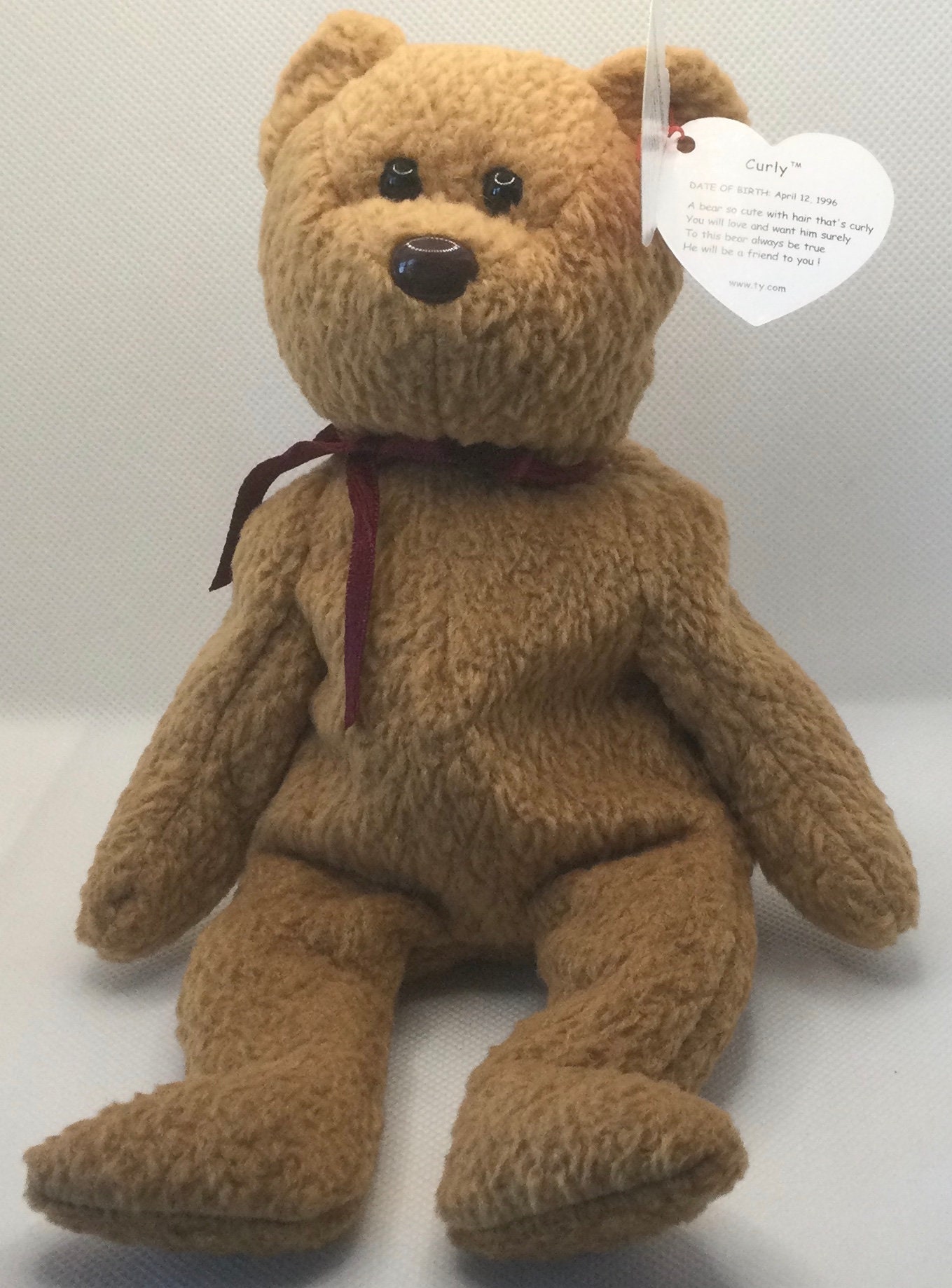 TY Beanie Baby Curly the Brown Bear With Neck Ribbon Brown