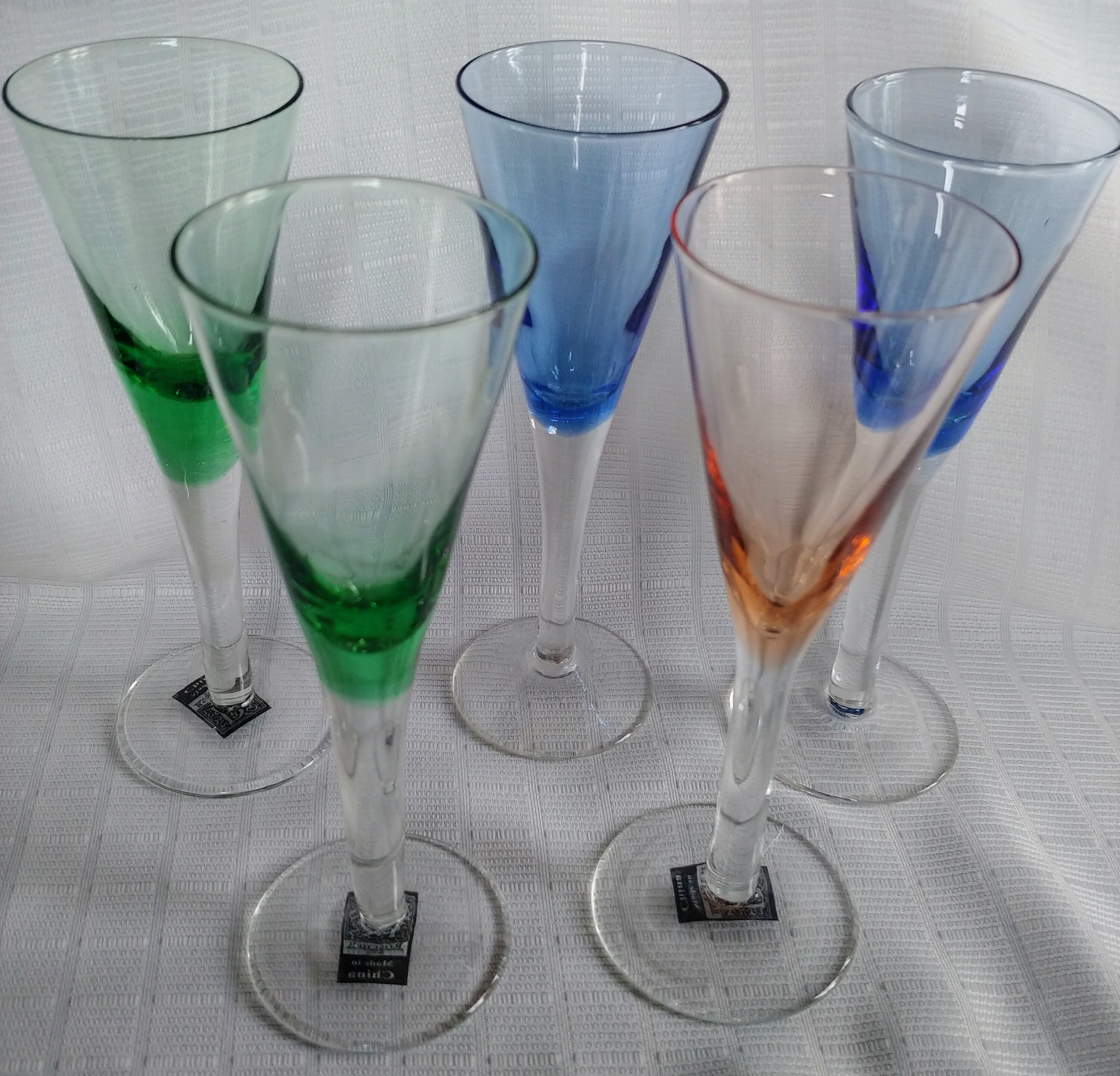 Vintage Roscher set of 5 coloured brandy glasses, vintage martini glasses, fancy glasses, blue glass