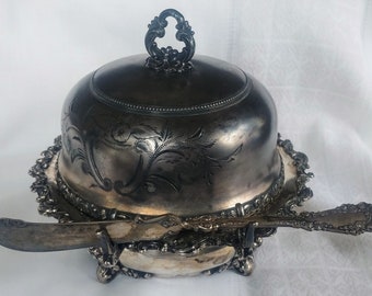 Antique domed and footed butter dish made by Meridian Britannia company including butter knife and glass top for ice, wedding gift idea,