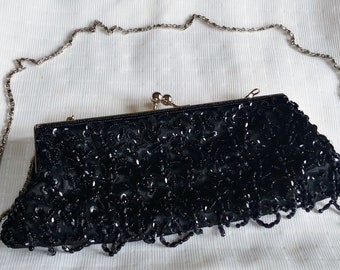 Vintage Bijoux Terner Black Beaded Evening Bag with Chain Strap
