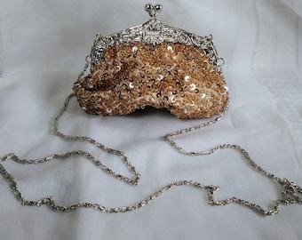 Vintage Beaded Evening Bag: Taupe Sequins, Kiss Lock Wedding Purse