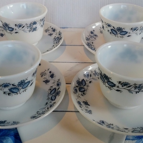 La Opala Milk Glass blue flowers tea cup and saucer set of 4, retro tea cup, vintage tea and saucer, collectors item, unique gift idea