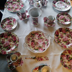 Vintage 27 piece Emilie Chintz Rose tea set by Allison L.L, Roses teapot, cups and saucer, cake tray and knife, cream and sugar with tray,