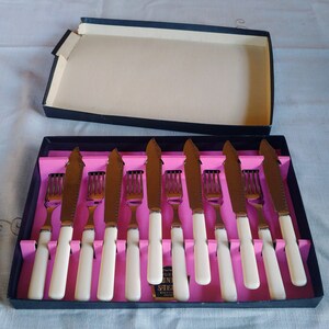 May include: A set of ten silver-plated knives with white handles in a pink and black box. The box has the words "John S.  Sheffield England" printed on it.