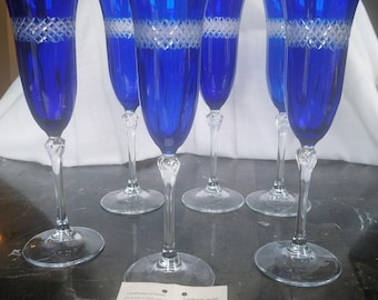 Juego de 6 copas de champán vintage Le Stelle Cristal de color azul cobalto, fabricadas en Italia.