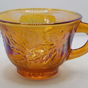 Vintage Amber Carnival Glass Mugs: Harvest Grape Pattern, Set of 8