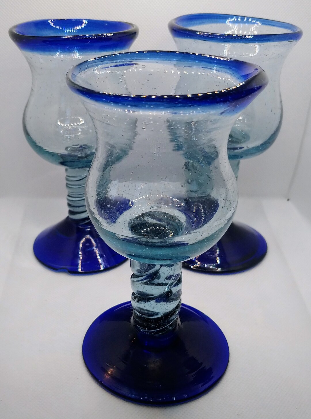 Vintage Mexican Style Wine Glasses With Blue Rim and Blue Base, Fancy