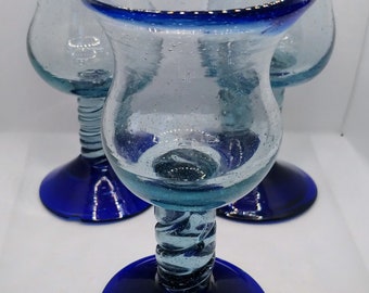 Vintage Mexican style wine glasses with blue rim and blue base, Fancy wine glass, blue rimmed water glass, unique gift idea