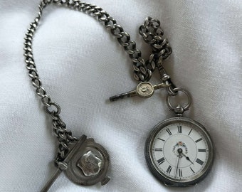 Antique Thomas Sly Silver pocket watch with chain and key, wedding gift idea, unique gift idea, swiss made watch, silver watch