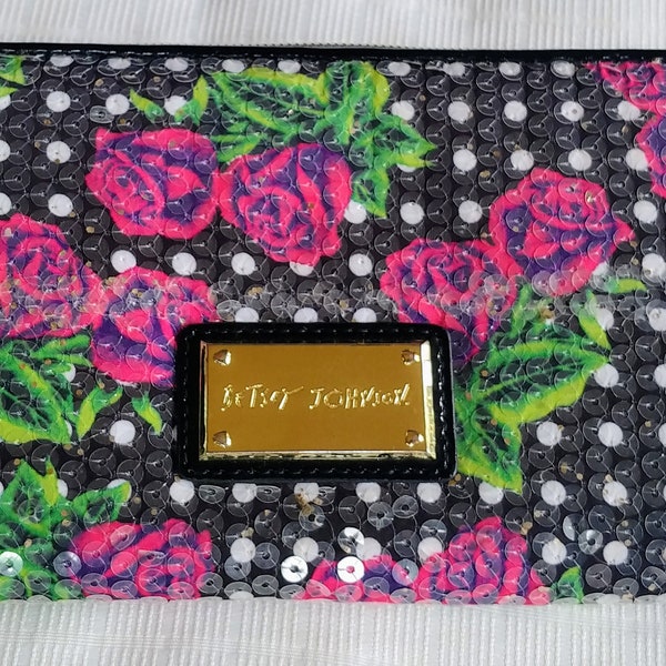 Vintage Betsey Johnson rose sequined wallet, fancy clutch purse, evening bag, collectors item