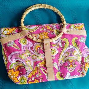 sac à main vintage en toile cachemire rose Ralph Lauren avec poignée en bambou, sac à main élégant, sac à main élégant, idée cadeau unique, sac à main pour femme