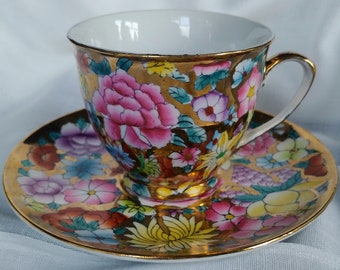Vintage set of 2 cups and saucer from the Fifth Avenue collection, handmade flower cup and saucer set, gold flower tea cup