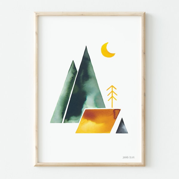 Affiche à l'encre aquarelle d'un campement bivouak dans la montagne avec une tente pour enfant