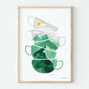 Póster de acuarela con paisaje en tazas para cocina.