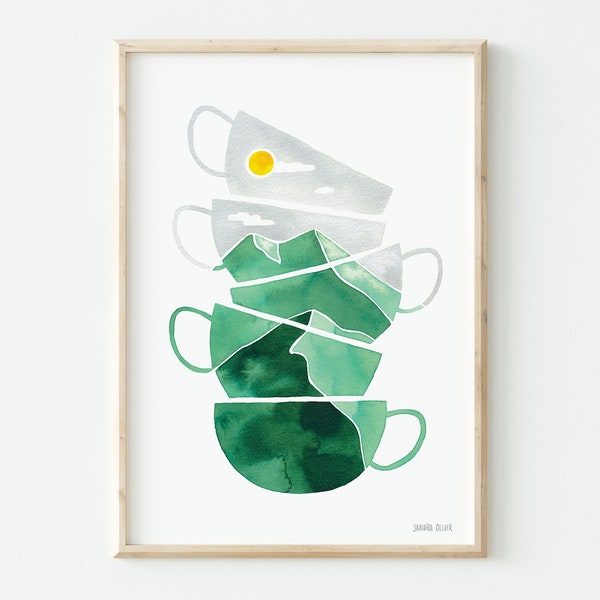 Affiche aquarelle paysage dans tasses pour cuisine