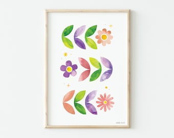 Watercolor print with vintage retro colorful flowers for interior decoration