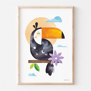 Póster de pintura en acuarela con un tucán y estrellas para una habitación de bebé o niño.