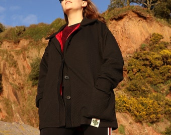 Black Casual Jacket, Organic Cotton Bomber Windbreaker Coats for Women, Streetwear Boho Vintage Jacket