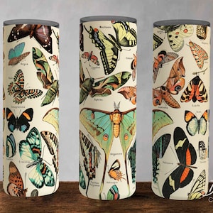 May include: Three stainless steel tumblers with a vintage illustration of butterflies. The tumblers are cream colored with a variety of butterfly species in shades of blue, green, orange, red, and brown. The tumblers are labeled with the scientific names of the butterflies.
