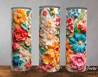 3D Floral Tumbler Wrap: Bright Botanical Design (PNG Digital Download)
