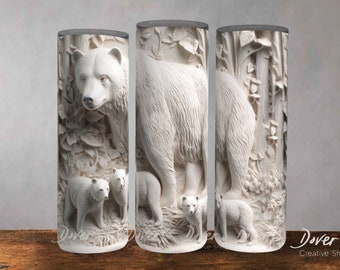 Mama Bear and Cubs Tumbler Wrap: 3D White Design (Digital Download)