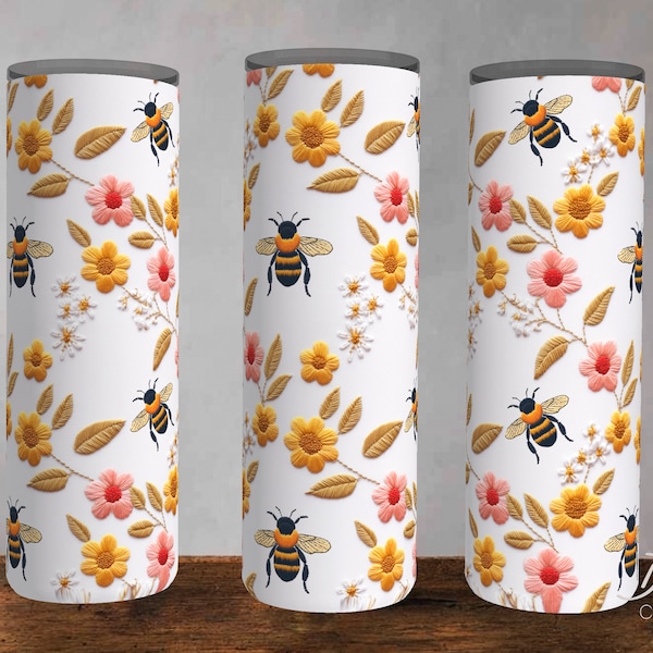 Embroidered Bees, Bumble Bees | Cottagecore Flowers Design | Summer Floral Designs | Sublimation for 20oz Skinny Tumblers | Digital Download