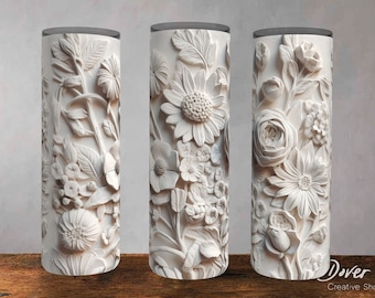 3D White Floral Tumbler Wrap: Cottagecore Wedding Design (PNG Digital Download)