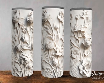 3D White Floral Tumbler Wrap: Cottagecore Sublimation Design (Digital Download)