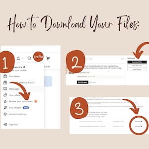 May include: A step-by-step guide on how to download digital files from an online store. The image shows a computer screen with three steps: 1. Access your purchase history, 2. View your order details, and 3. Click the download button.