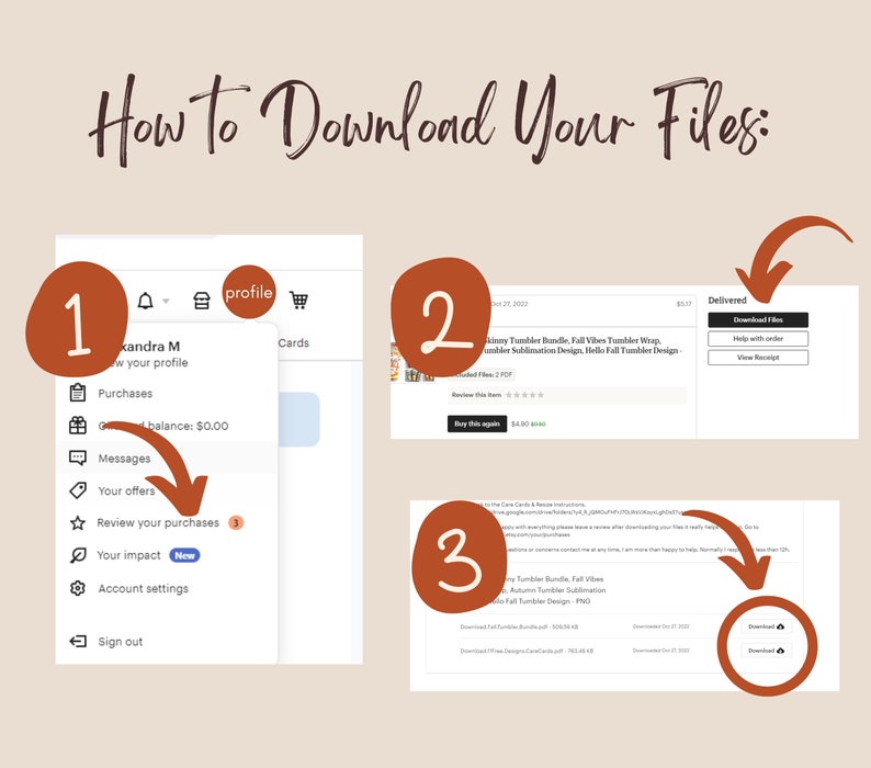 May include: A step-by-step guide on how to download digital files from an online store. The image shows a computer screen with three steps: 1. Access your purchase history, 2. View your order details, and 3. Click the download button.