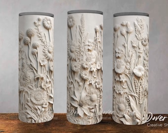 Floral Tumbler Wrap: 3D White Botanical Design (Digital Download)