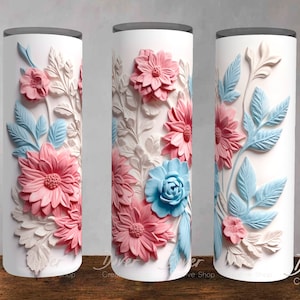 Floral Tumbler Wrap: 3D Pink & Blue Botanical Design (PNG Digital Download)