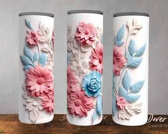 Floral Tumbler Wrap: 3D Pink & Blue Botanical Design (PNG Digital Download)