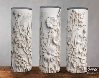 White Floral Tumbler Wrap: 3D Botanical Sublimation Design (PNG Digital Download)