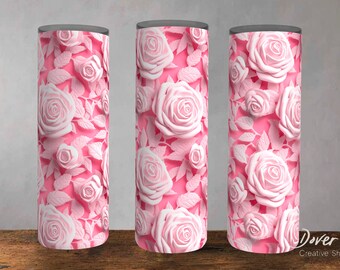 Pink Floral Tumbler Wrap: 3D White Roses Wedding Design (PNG Digital Download)