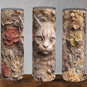 Seamless 3D Vintage Tabby Cat PNG Template, Pet Tumbler Wrap | Cottagecore Design | Sublimation for Straight 20 oz Tumbler | DIGITAL PNG
